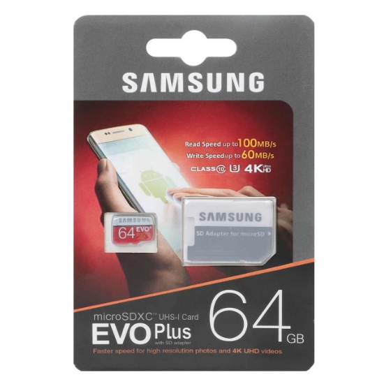 تصویر کارت حافظه microSDXC سامسونگ مدل Evo Plus کلاس 10 استاندارد UHS-I U3 سرعت 100MBps همراه با آداپتور SD ظرفیت64 گیگابایت