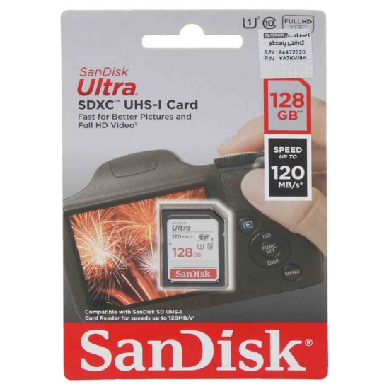 تصویر کارت حافظه microSDXC سن دیسک مدل Ultra کلاس 10 U1 سرعت 120MB/sو ظرفیت 128 گیگابایت مخصوص دوربین عکاسی
