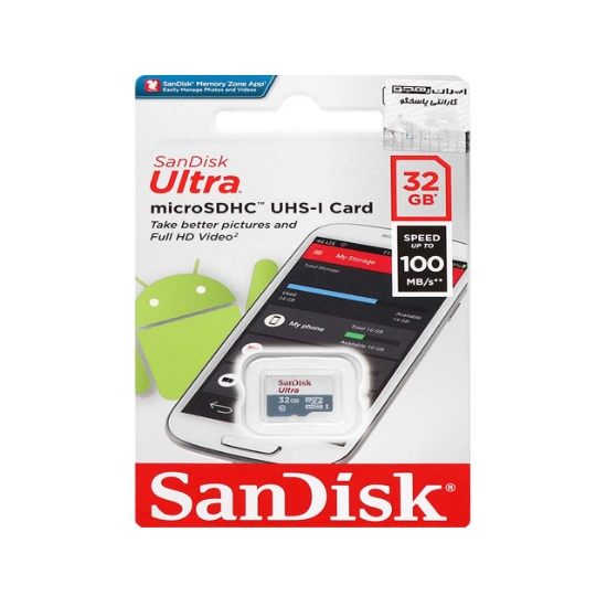 تصویر کارت حافظه microSDXC سن دیسک مدل Ultra کلاس 10 استاندارد UHS-I سرعت 100MBps ظرفیت 32 گیگابایت