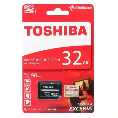 تصویر کارت حافظه microSDHC توشیبا مدل EXCERIA M302-EA کلاس 10 استاندارد UHS-I U1 سرعت 90MBps ظرفیت32 گیگابایت همراه با آداپتور SD