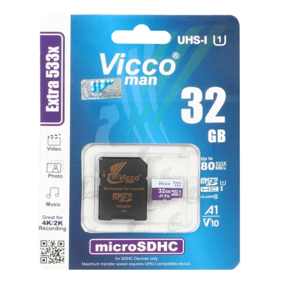 تصویر کارت حافظه microSDHC ویکومن مدل 533X کلاس 10 استاندارد UHS-I U1 سرعت 80MBps ظرفیت 32 گیگابایت به همراه آداپتورSD