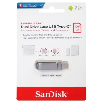 تصویر فلش مموری سن دیسک مدل Ultra Dual Drive Luxe USB3.1 ظرفیت 128 گیگابایت