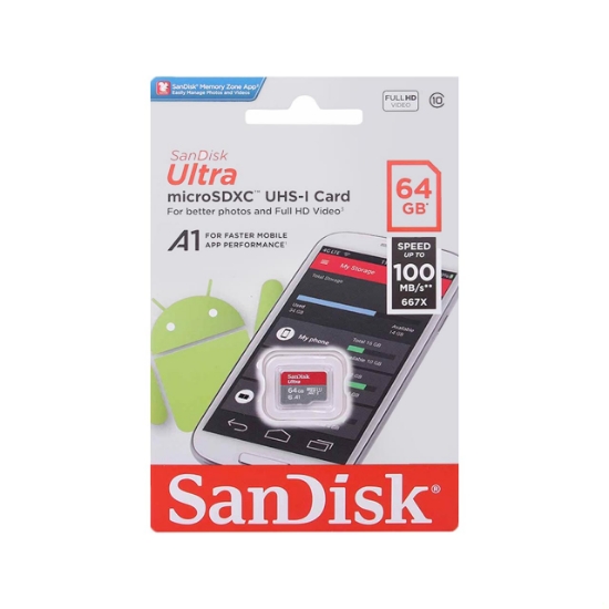 تصویر  کارت حافظه سن دیسک MicroSDXC مدل Ultra A1 کلاس 10 استاندارد UHS-I سرعت 100MBps ظرفیت 64 گیگابایت
