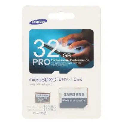 تصویر کارت حافظه microSDHC سامسونگ مدل Pro کلاس 10 استاندارد UHS-I U1 سرعت 90MBps ظرفیت 32 گیگابایت به همراه آداپتور SD