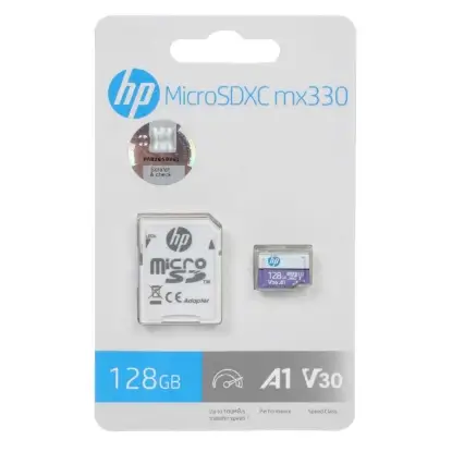 تصویر کارت حافظه microSDXC اچ پی مدل mx330 کلاس 10 استاندارد V30 A1-I U3 سرعت 100MBps ظرفیت128 گیگابایت به همراه آداپتور SD