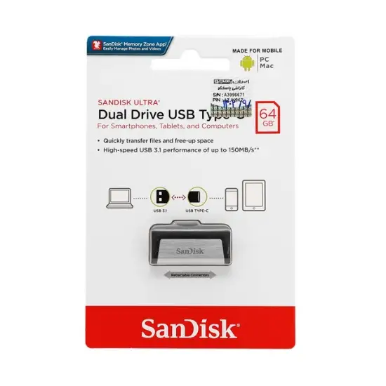 تصویر فلش مموری سن دیسک مدل Ultra Dual Drive USB Type-C ظرفیت 64 گیگابایت