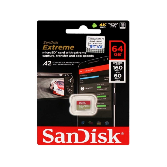 تصویر کارت حافظه microSD سن دیسک مدل Extreme U3 A2 سرعت 160MBps ظرفیت 64 گیگابایت