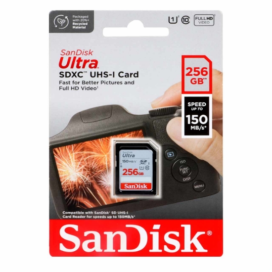 تصویر کارت حافظه microSDXC سن دیسک مدل Ultra کلاس 10 U1 سرعت 150MB/sو ظرفیت 256 گیگابایت مخصوص دوربین عکاسی