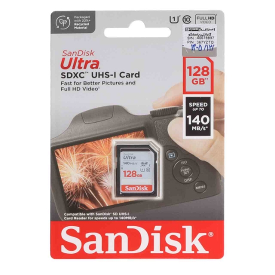 تصویر کارت حافظه microSDXC سن دیسک مدل UHS-I U1 سرعت 140MB/sو ظرفیت 128 گیگابایت مخصوص دوربین عکاسی
