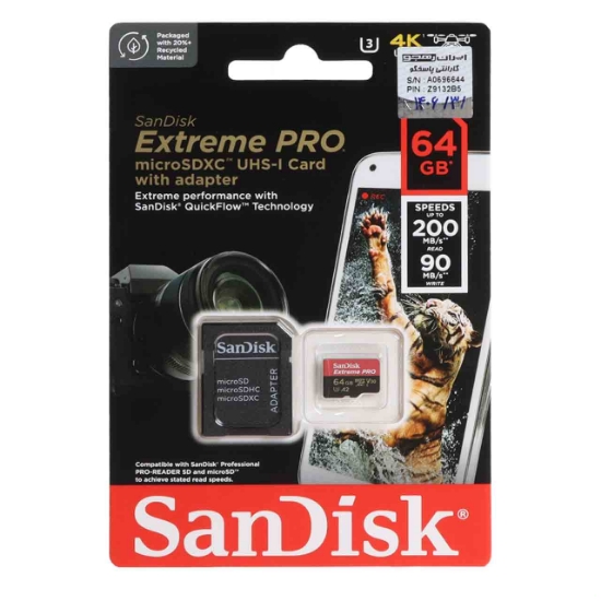 تصویر کارت حافظه microSDXC سن دیسک مدل Extreme PRO کلاس 10 UHS-I U3 سرعت 200MB/S ظرفیت 64 گیگابایت به همراه آداپتور