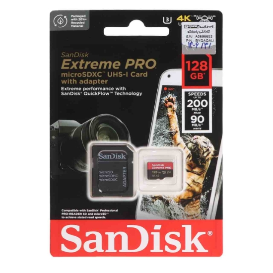 تصویر کارت حافظه microSDXC سن دیسک مدل Extreme PRO کلاس 10 UHS-I U3 سرعت 200MB/S ظرفیت 128 گیگابایت به همراه آداپتور