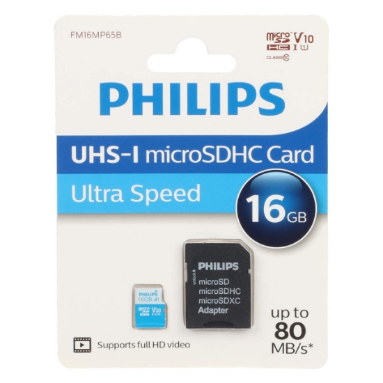 تصویر کارت حافظه microSDHC فیلیپس مدل V30 A1 کلاس 10 استاندارد UHS-I Ultra Speed U1 سرعت 80MBps ظرفیت 16 گیگابایت به همراه آداپتور SD
