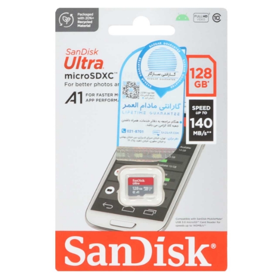 تصویر کارت حافظه microSDXC سن دیسک مدل Ultra UHS-I Full HD سرعت 140MB/s ظرفیت 128 گیگابایت