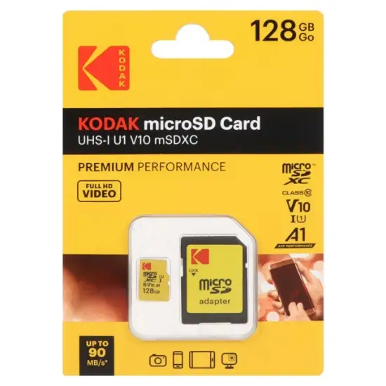 تصویر کارت حافظه microSDXC کداک مدل V10 UHS-I U1 کلاس 10 سرعت 90MB/s ظرفیت 128 گیگابایت به همراه آداپتور