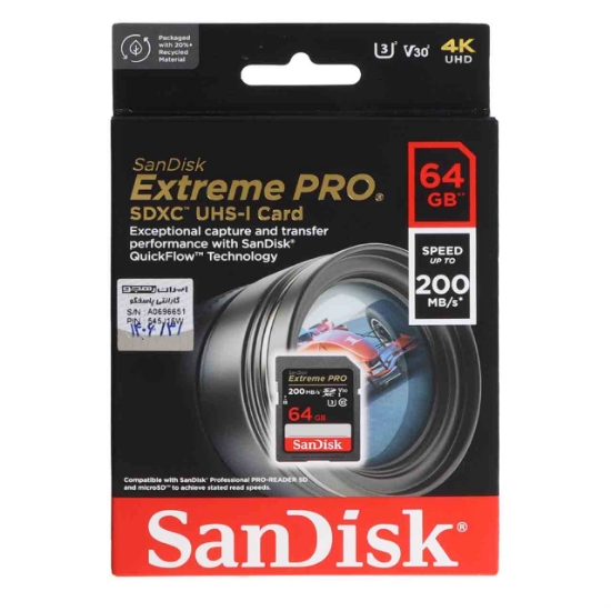 تصویر کارت حافظه SDXC سن دیسک مدل Extreme PRO UHS-I U3 سرعت 200MB/S ظرفیت 64 گیگابایت مخصوص دوربین عکاسی