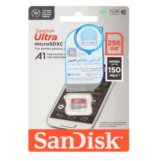 تصویر کارت حافظه microSDXC سن دیسک مدل Ultra UHS-I Full HD سرعت 150MB/s ظرفیت 256 گیگابایت